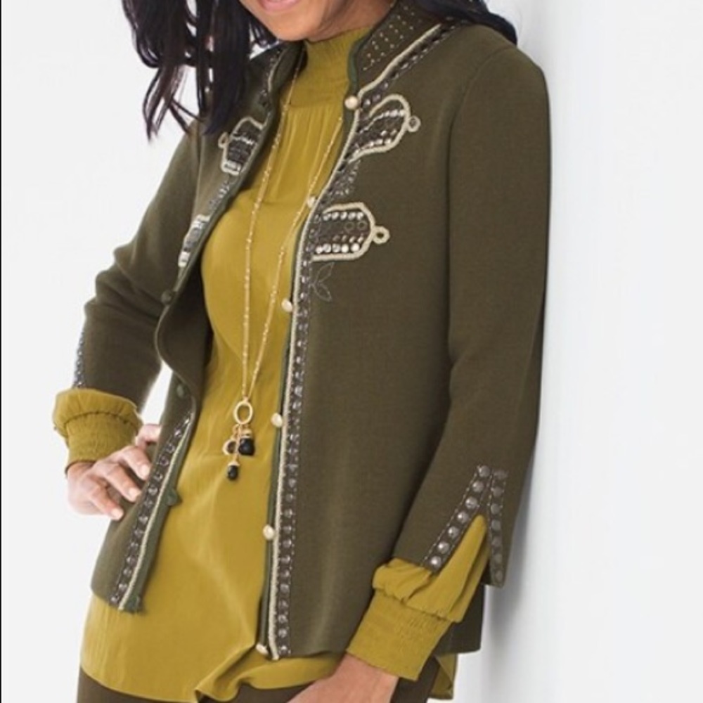 CHICO’S PETITE L 100% COTTON MILITARY STYLE EMBELLISHED CARDIGAN AMBERED OLIVE - Picture 7 of 9